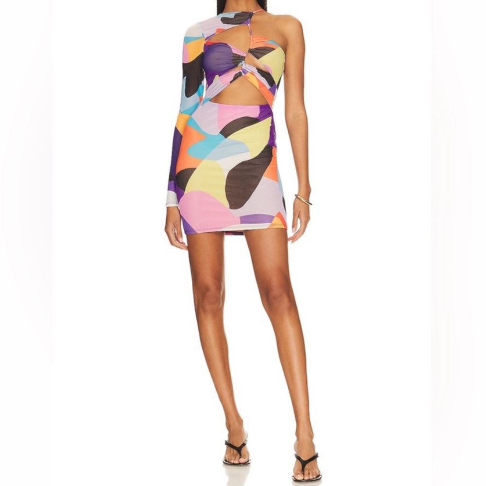 NWOT AFRM Jess Asymmetric Cutout Mini Dress Abstract Colorblock